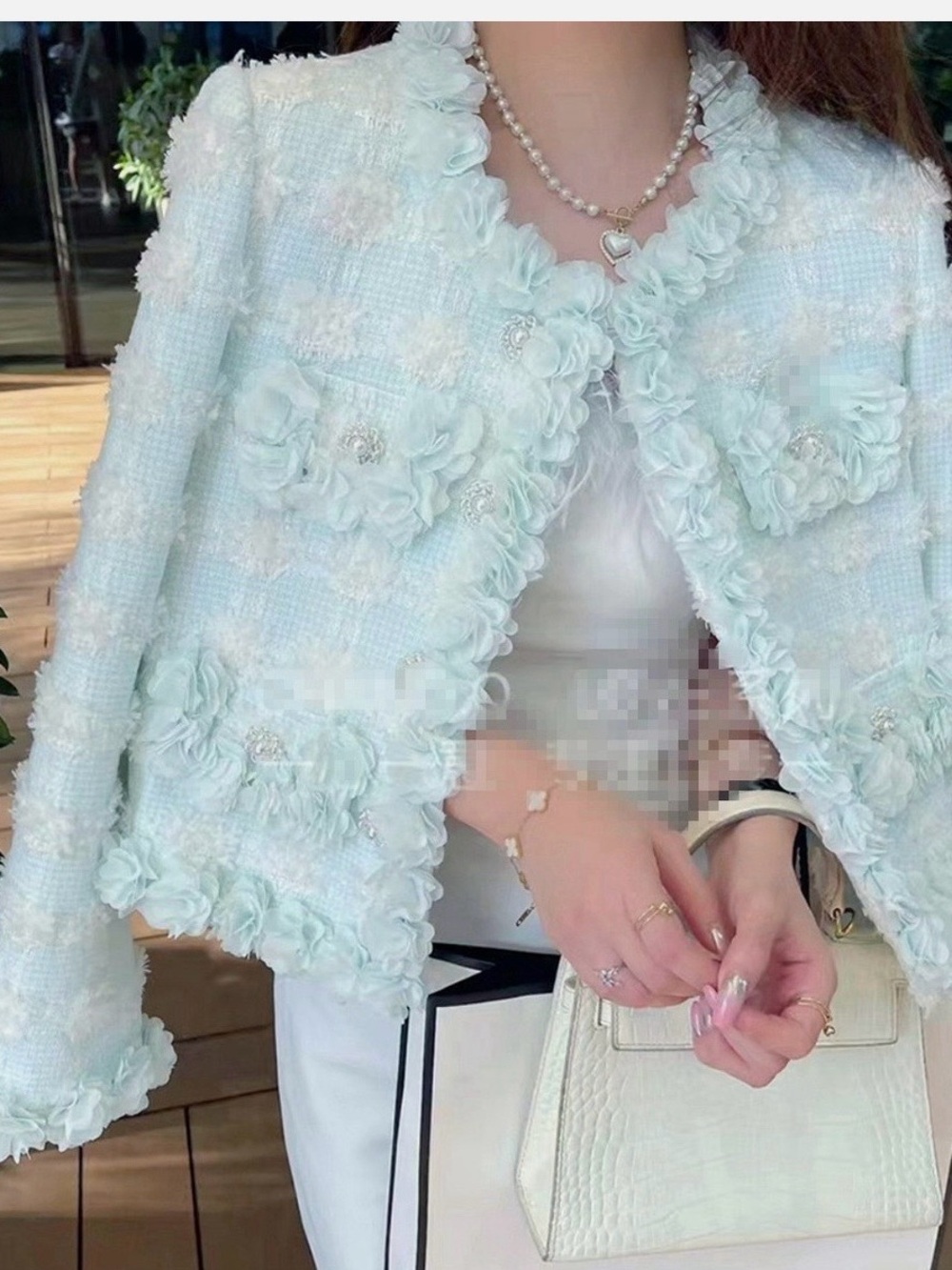Women’s Pastel Blue Floral-Trim Tweed Jacket/Blazer - Size S (fits like XS)